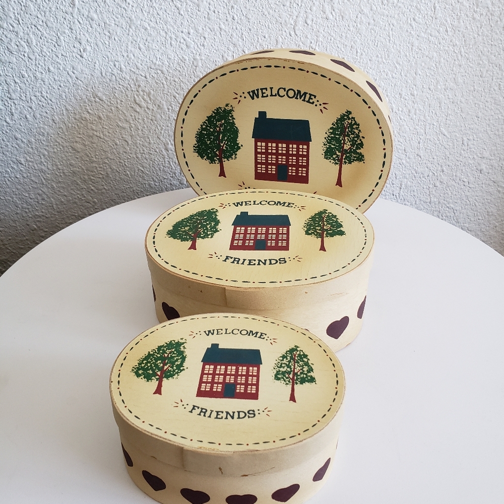 #Set of  3 Wooden Nesting Oval Welcome Friends Handpainted Trinket Boxes